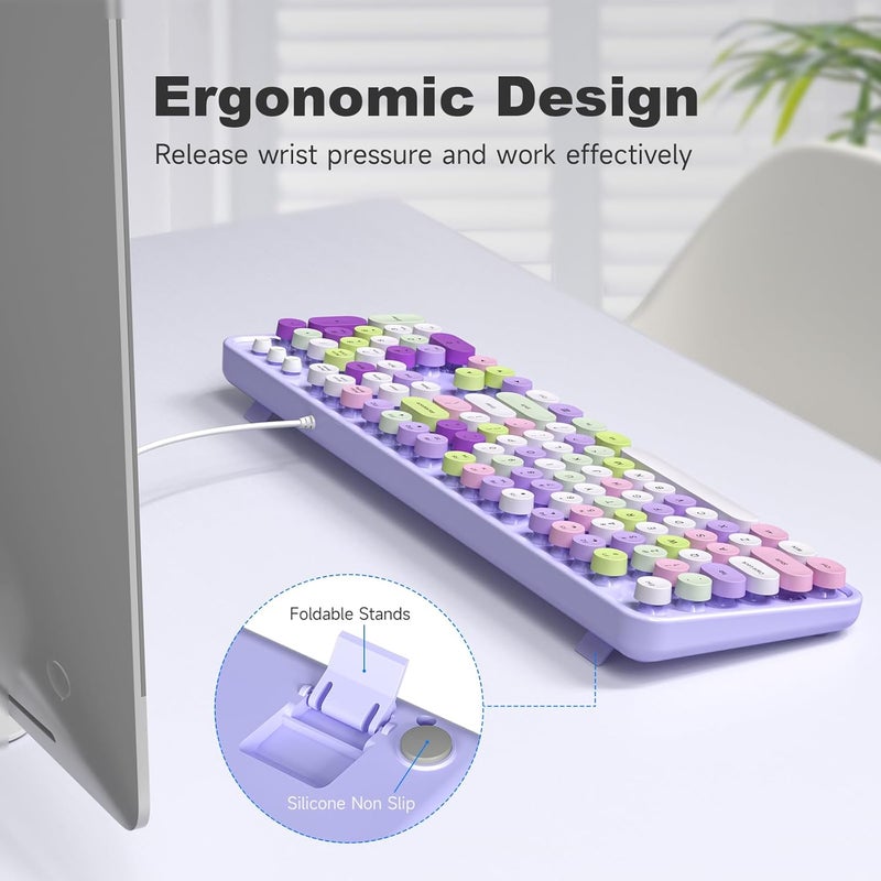 Atelus Computer Wired Keyboard, Plug Play USB Full-Size Keyboard with Large Number Pad, Caps Indicators, Foldable Stands, for Windows 7/8/10 PC Laptop (Purple Colorful) - Image 4